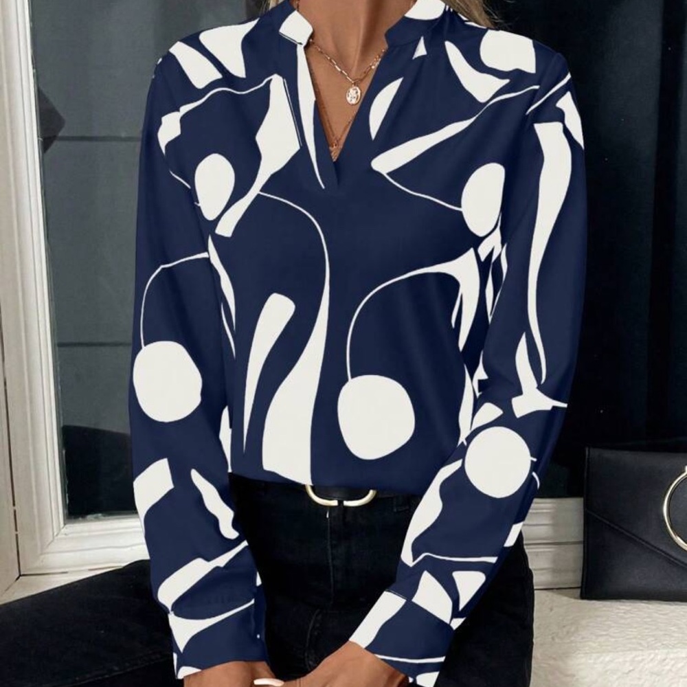 New Navy and White Abstract long sleeve Top